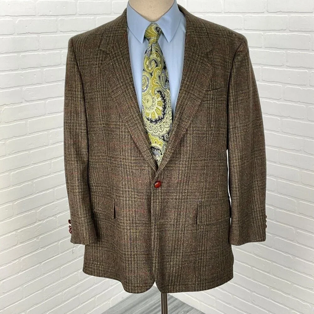 Unbranded Blazer Men 44 Brown Red‎ Plaid Tweed 1 Button Wool VTG Hungary